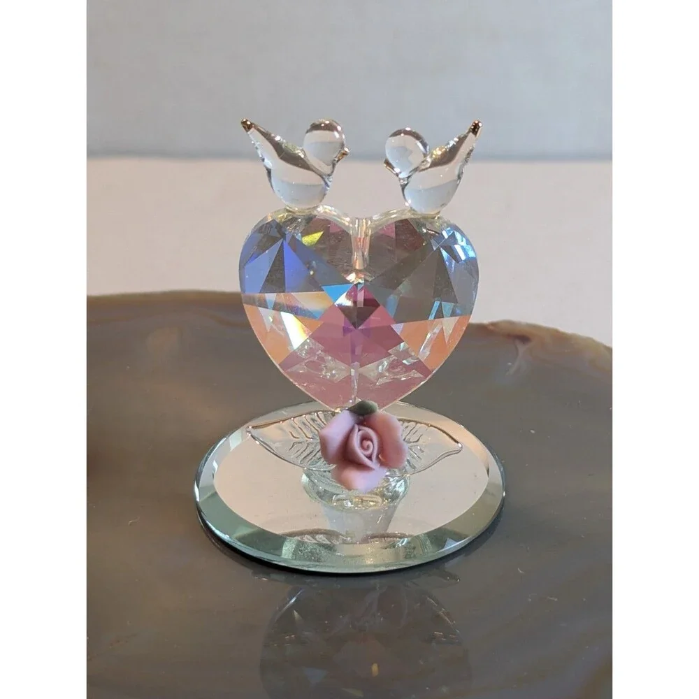 Glass Baron Handcrafted Glass Love Birds on Faceted Heart Figurine - Pink Rose